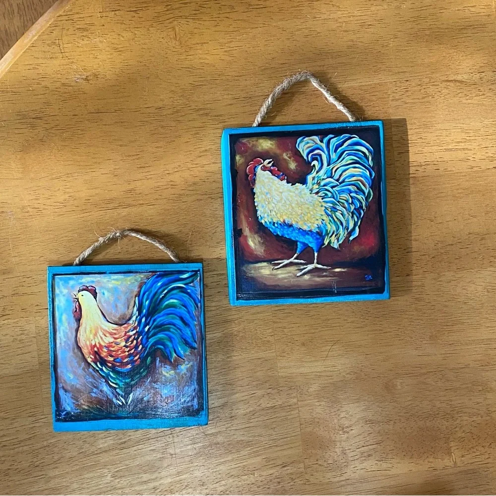 2 Cute unique Rooster hanging wooden painted pictures